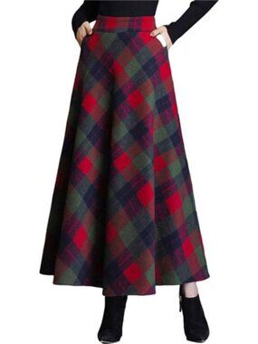 Women's Plaid Skirt Elastic Waist Wool A-Line Pleated Tartan Winter Long Skirt